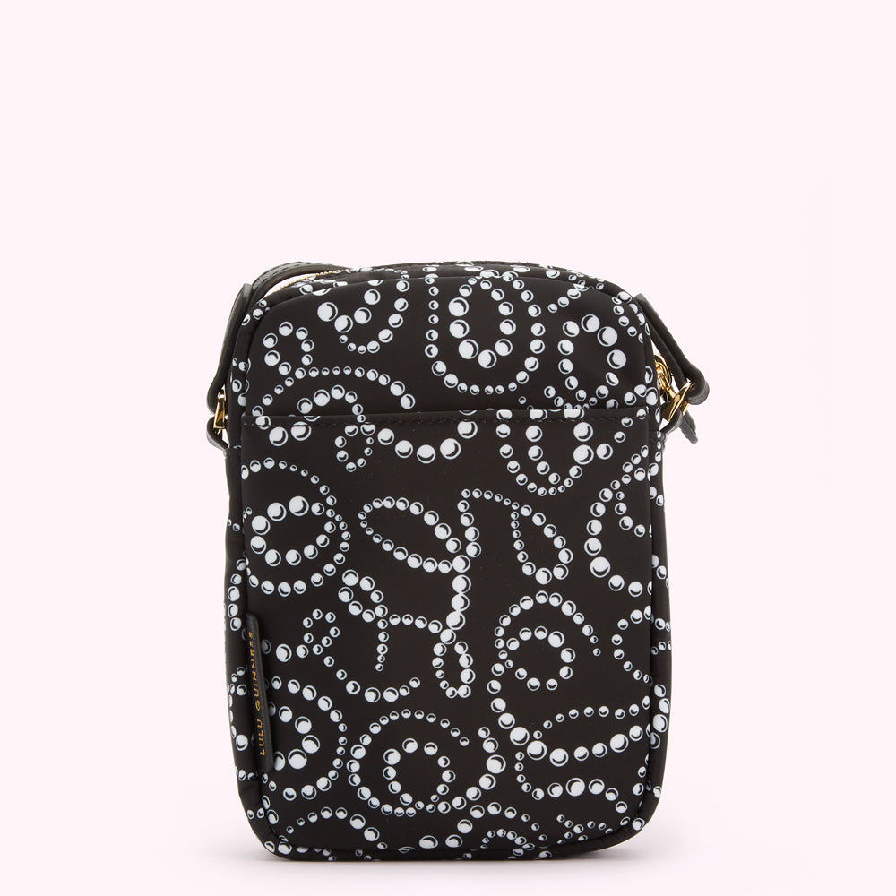 Black crossbody bag with white pearl pattern.
