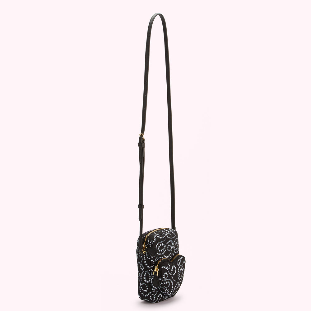 Black crossbody bag with light blue embellishments on a white background.
