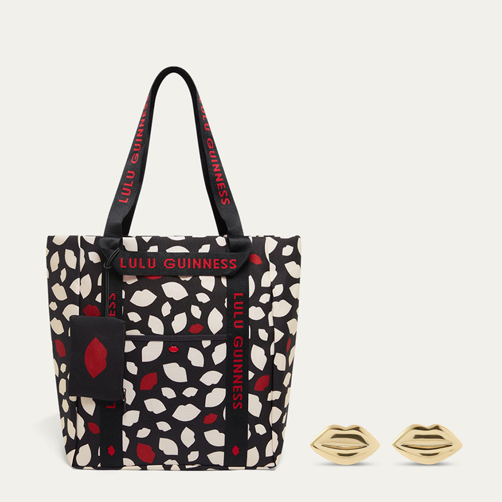 FLURRY OF KISSES TOTE BAG & 14K GOLD PLATED LUNA LIP STUD EARRINGS