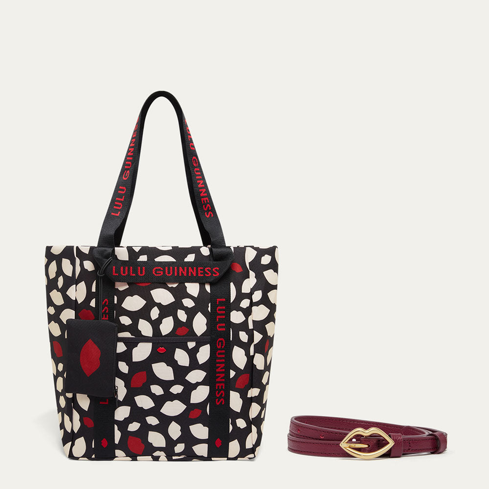 GARNET RED LIP BUCKLE BELT & FLURRY OF KISSES TOTE BAG