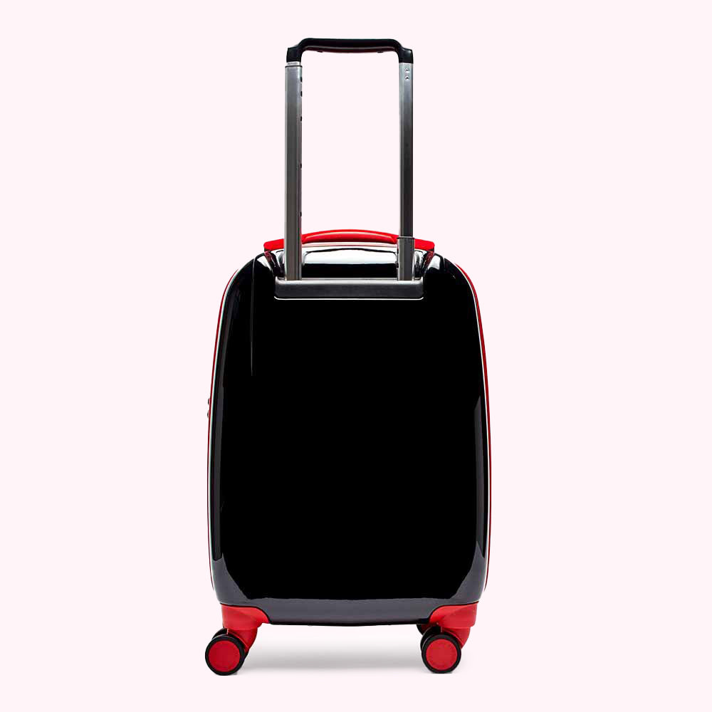 Rear view of a black and red carry-on suitcase with a retractable handle.
