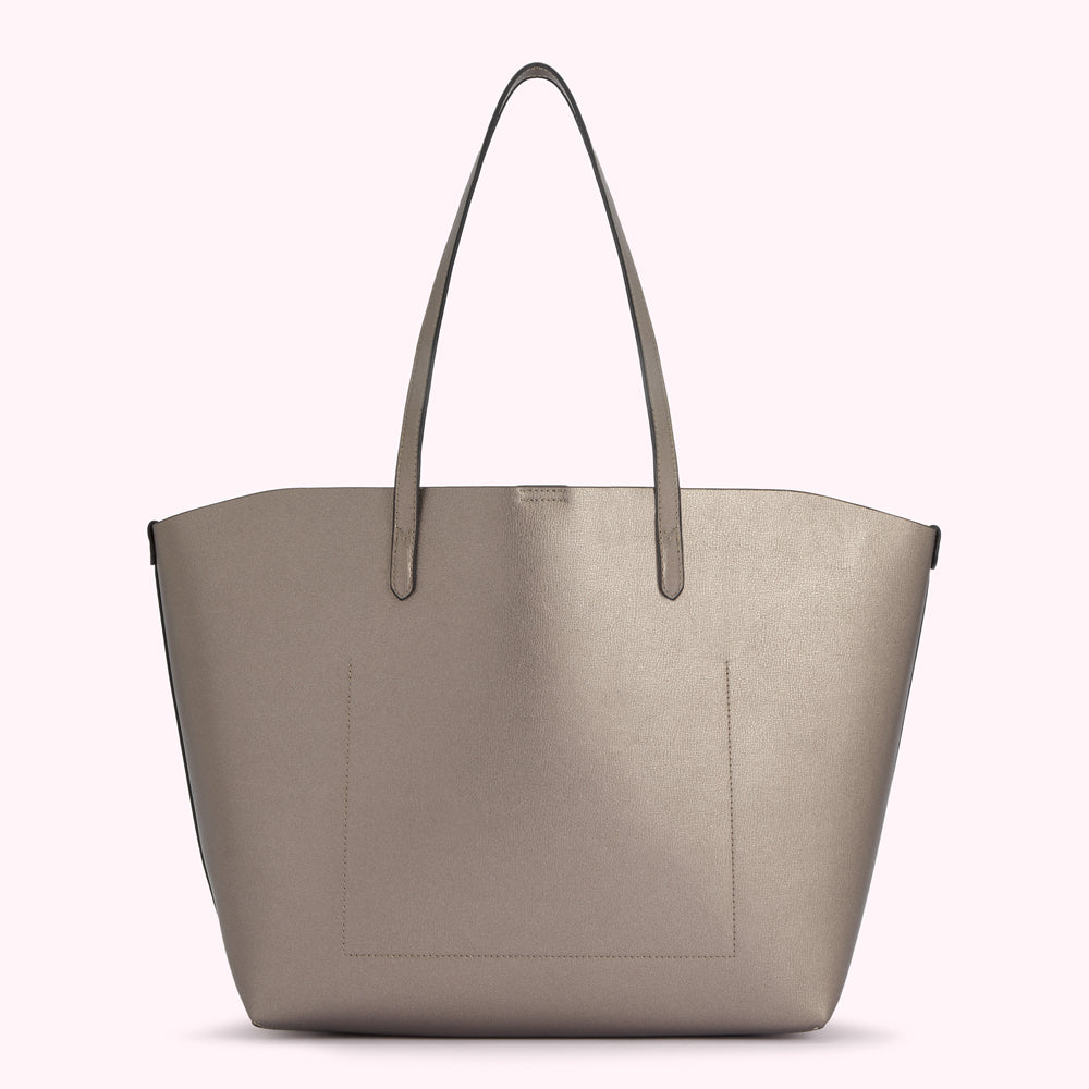Metallic silver tote bag with black handles, shown against a white background.