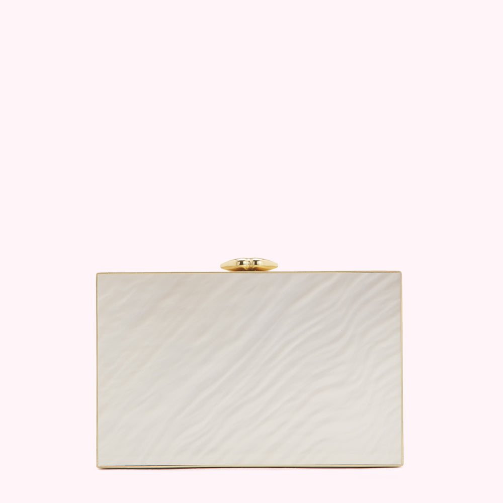 White rectangular clutch with gold clasp.