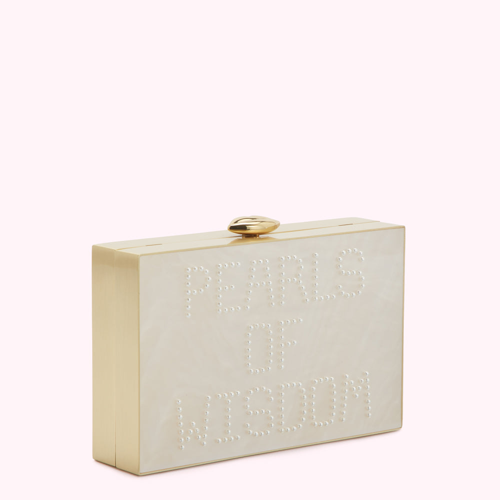 Off-white rectangular clutch with gold frame and "Pearls of Wisdom" spelled out in pearls.
