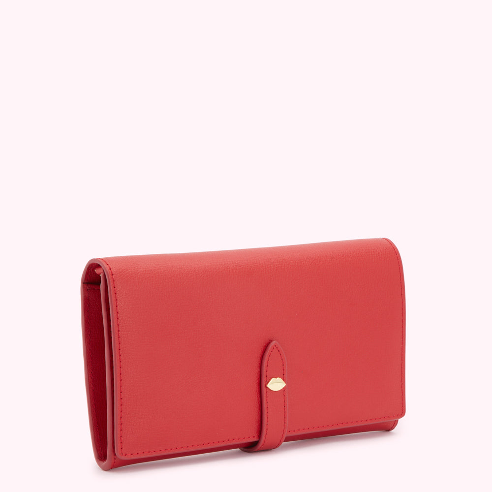 Red leather wallet with gold lip detail.
