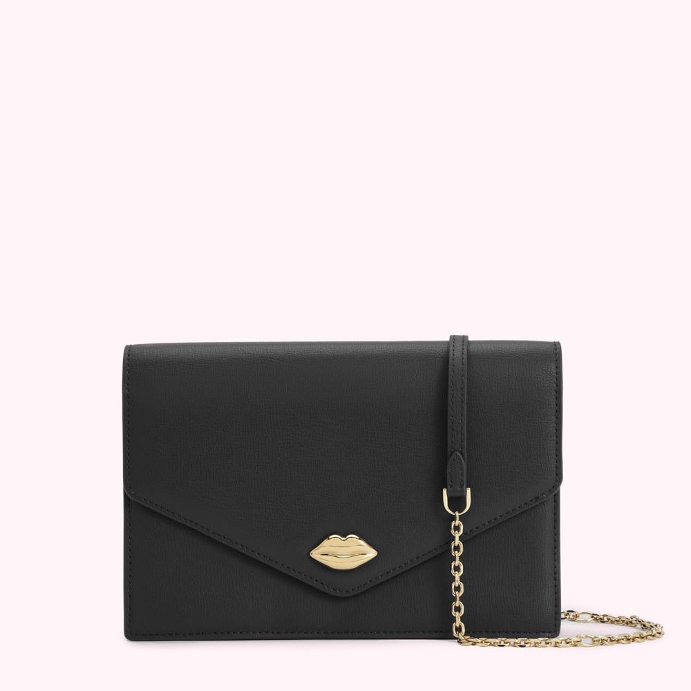 Black leather wallet-on-chain with gold lip detail against a white background.