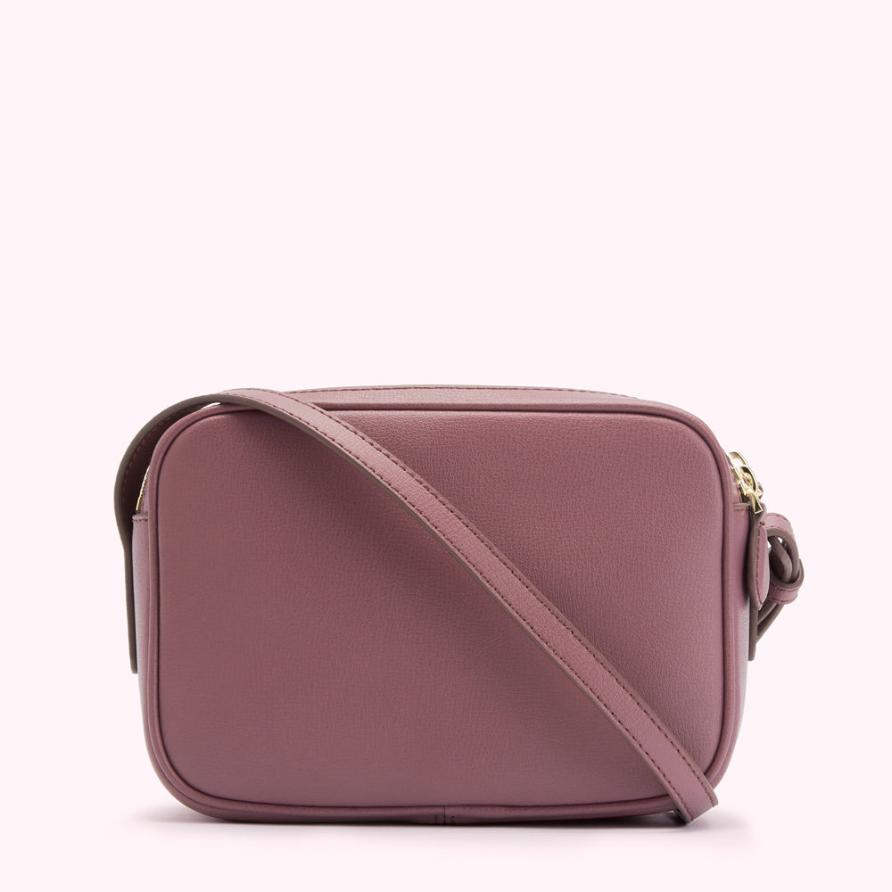 Dusty rose leather crossbody bag with gold hardware.
