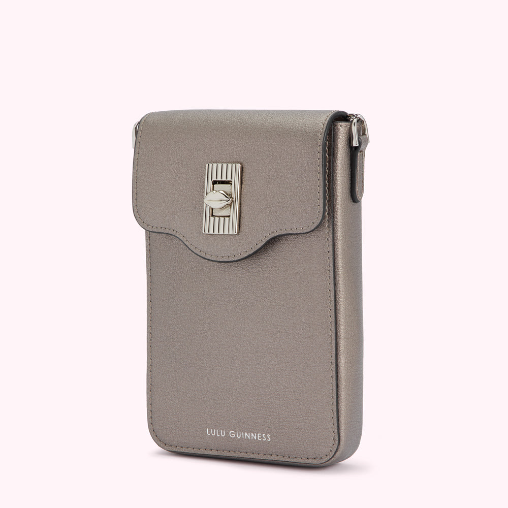 A grey Lulu Guinness crossbody phone bag with a silver clasp.

