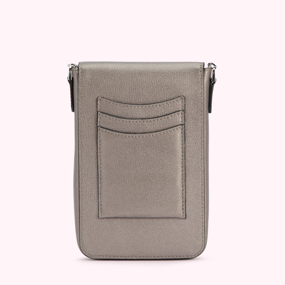 Silver crossbody bag with multiple card slots and a larger pocket on the back.
