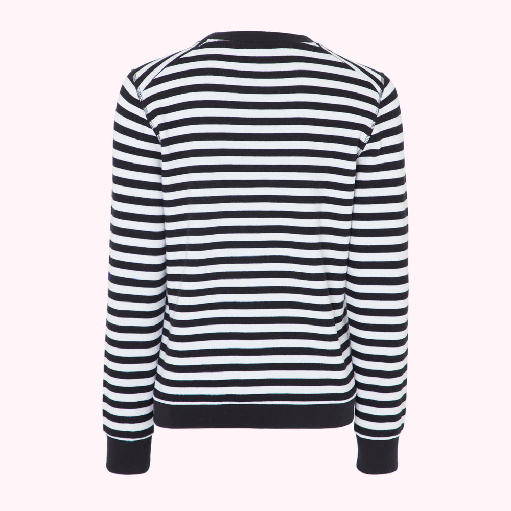 Black and white horizontally striped long-sleeved sweater, shown from the back.
