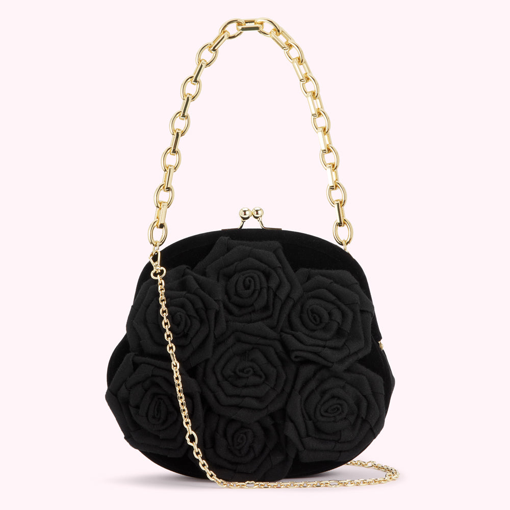 Carry Fashionably the Lulu Guinness Handheld Bags Collection! 5 BLACK LIFE IS A BAG OF ROSES ROSIE HANDBAG
