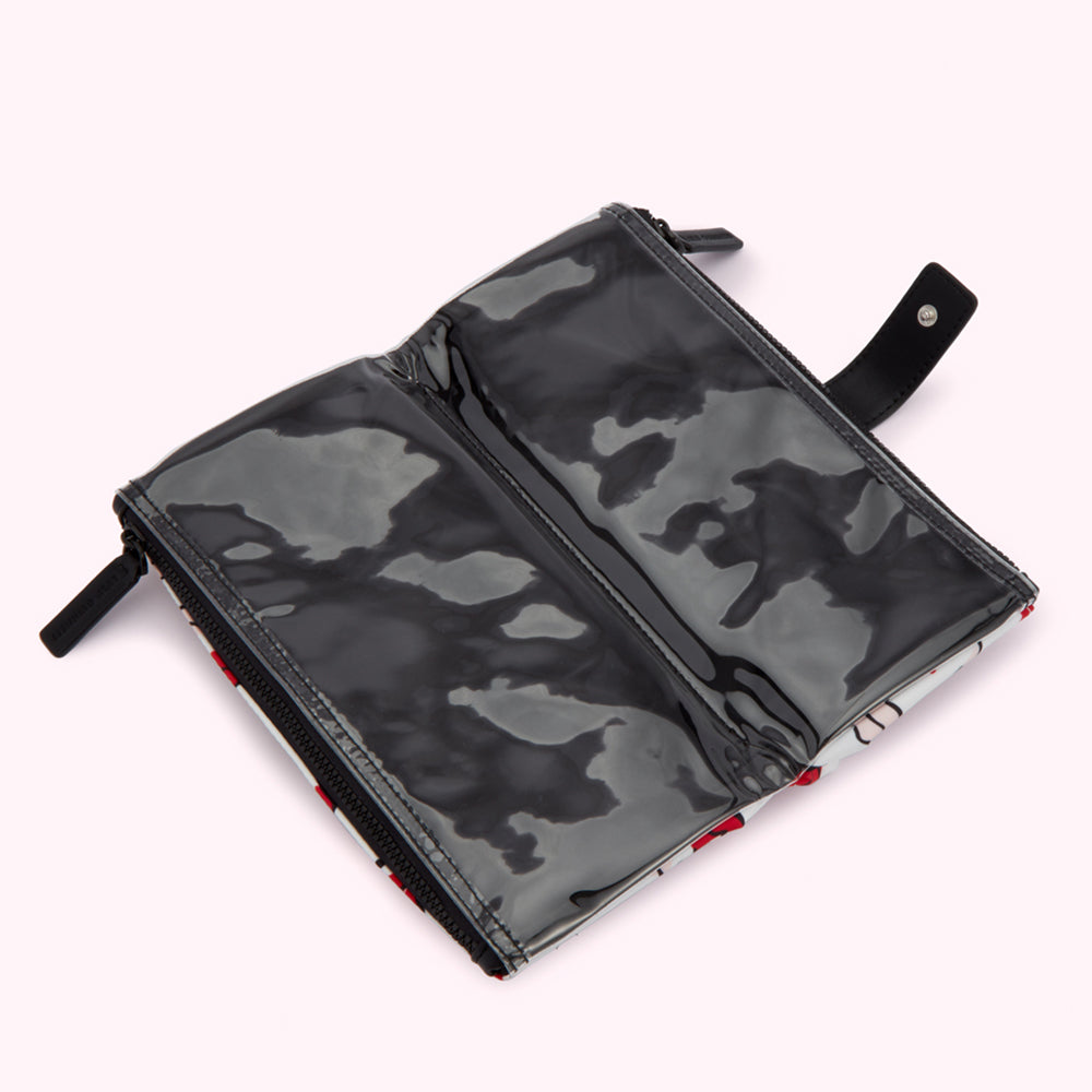 Open double zippered pouch with clear vinyl pockets on a white background.