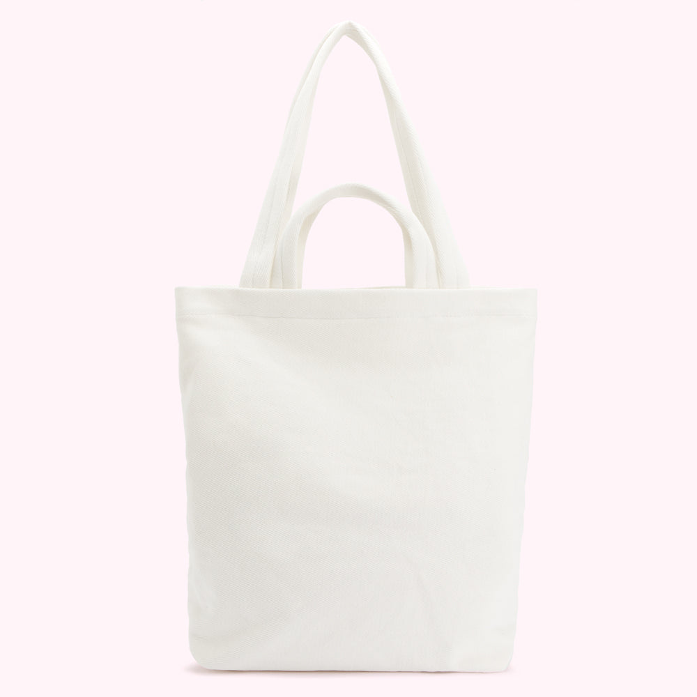 White tote bag on a white background.
