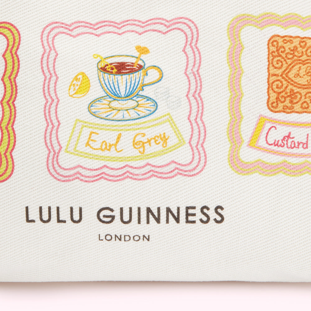 Off-white Lulu Guinness pouch featuring illustrations of Earl Grey tea and custard cream biscuits.