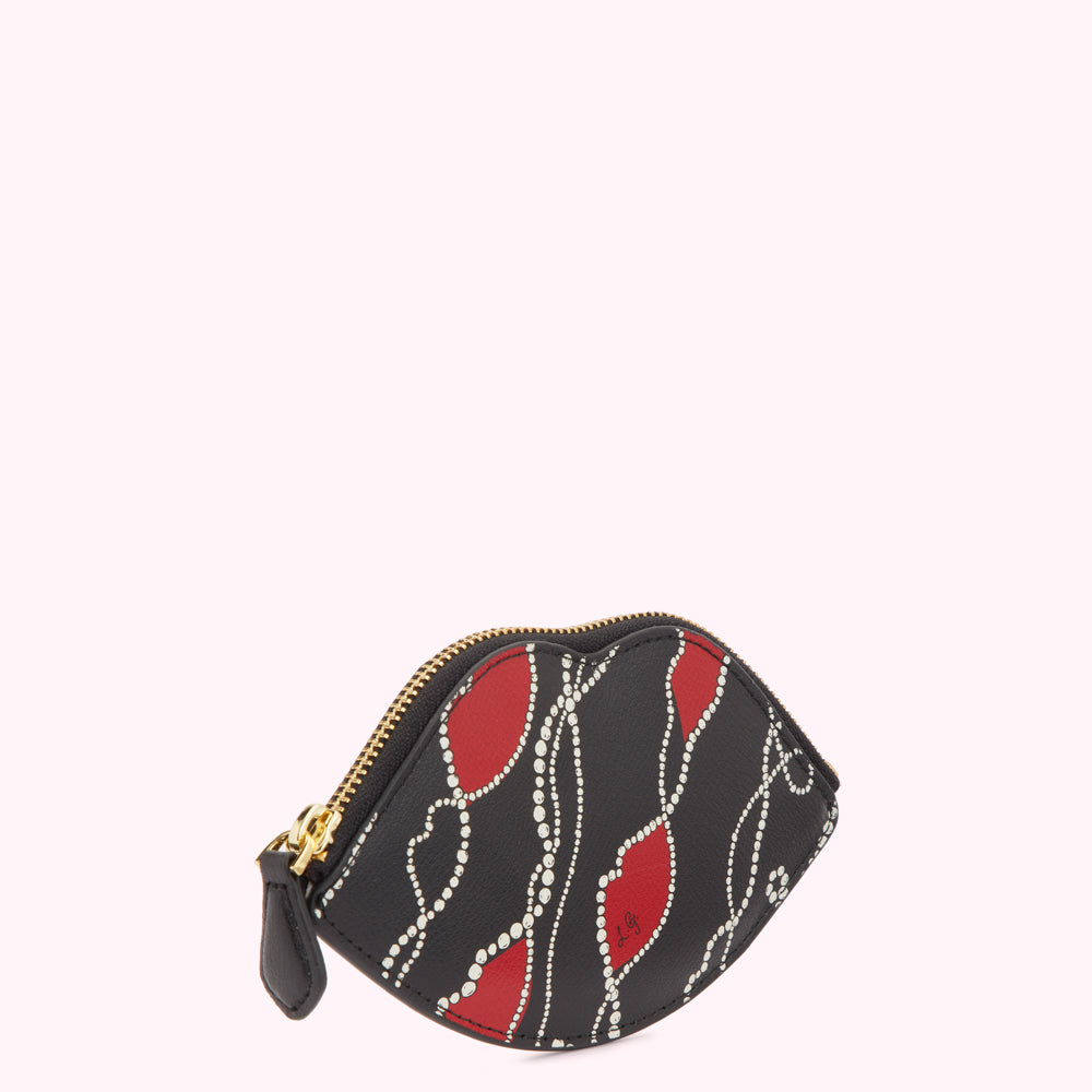 Black lip-shaped coin purse with red and white patterned design.
