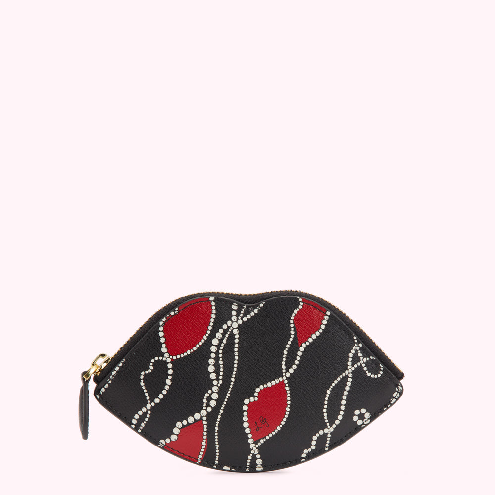 Black lip-shaped coin purse with red lips and white pearl details on a white background.

