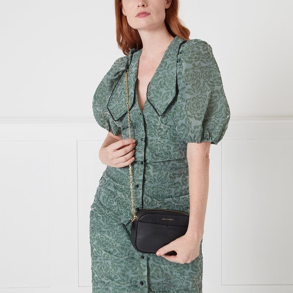 BLACK SNAKE EMBOSSED LEATHER CLARA CROSSBODY BAG