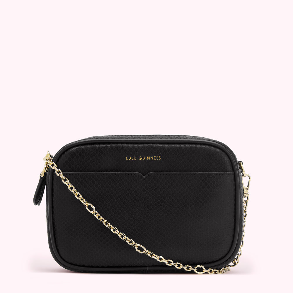 BLACK SNAKE EMBOSSED LEATHER CLARA CROSSBODY BAG