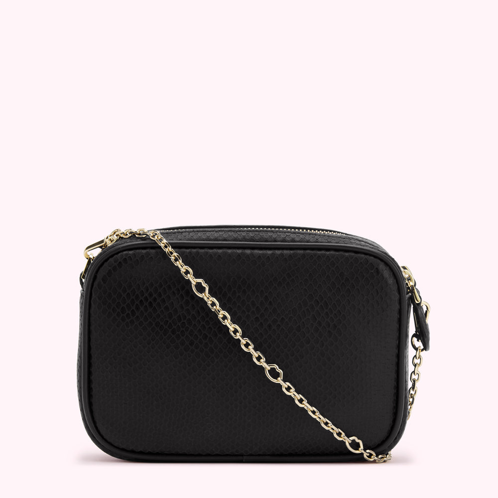 BLACK SNAKE EMBOSSED LEATHER CLARA CROSSBODY BAG