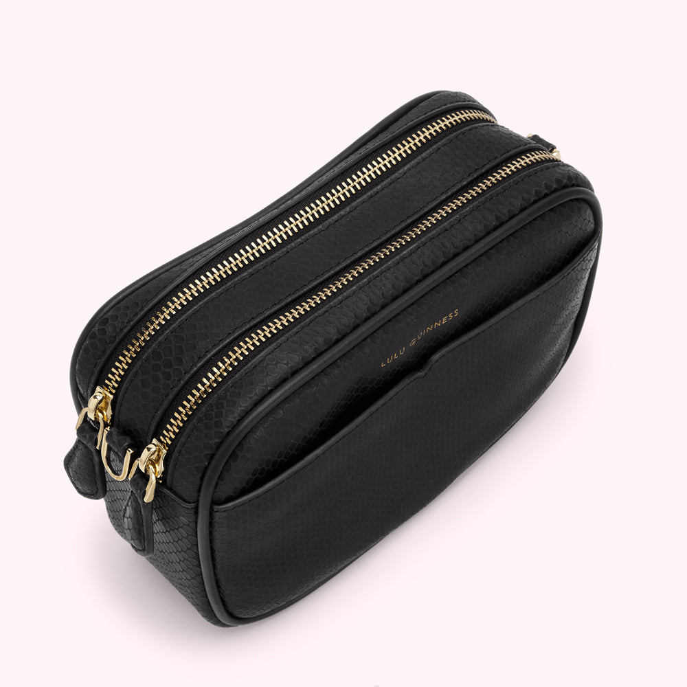 BLACK SNAKE EMBOSSED LEATHER CLARA CROSSBODY BAG