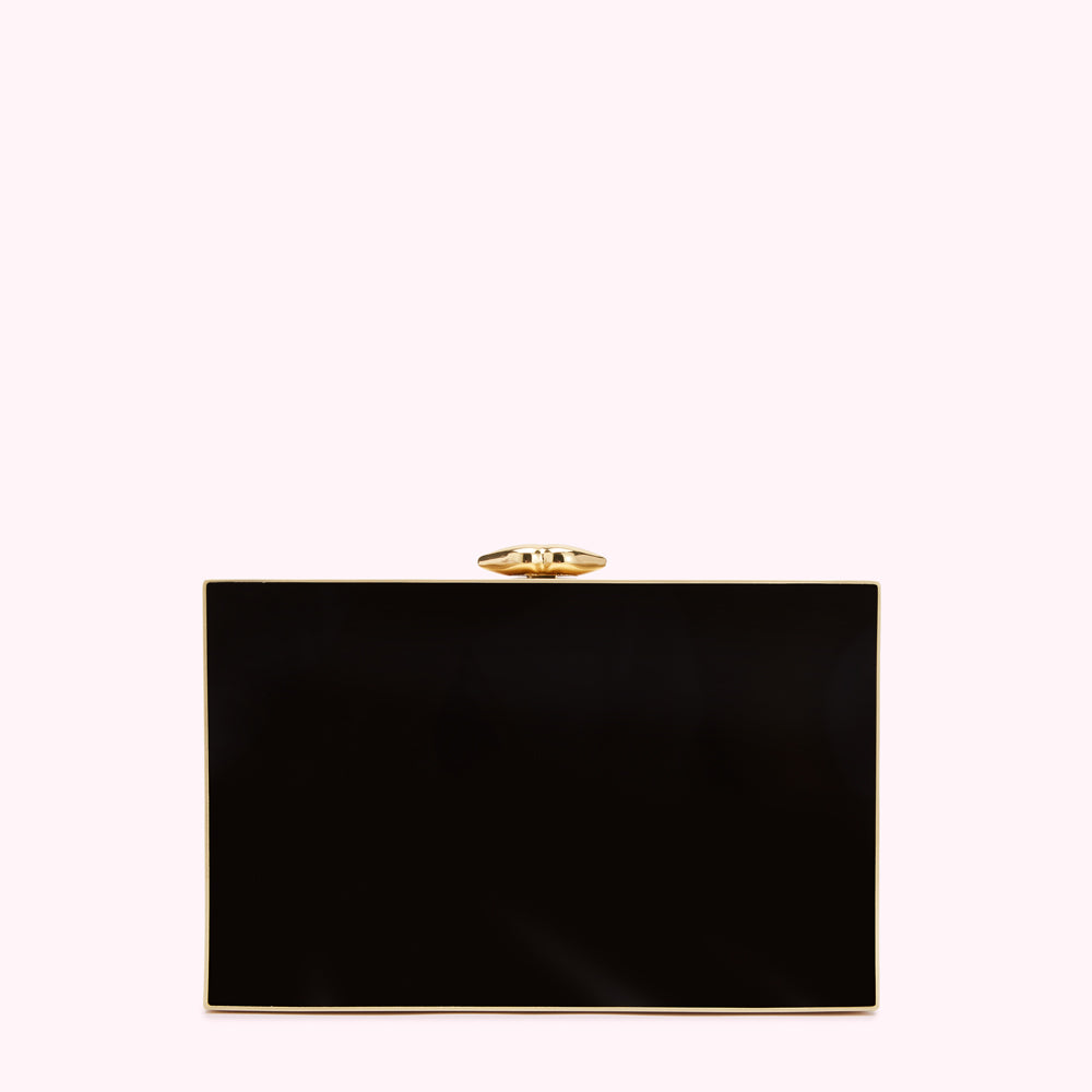 Black rectangular clutch with gold clasp.
