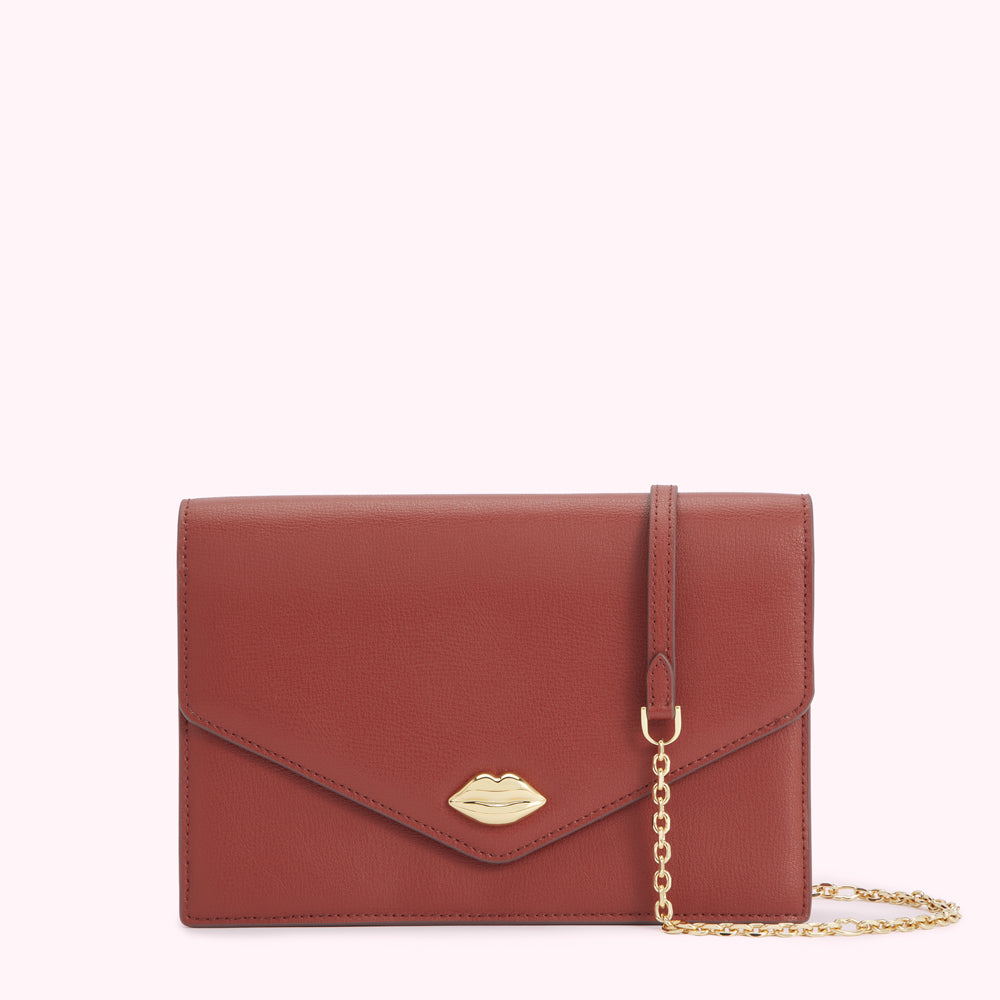 Brown leather wallet-on-chain with gold lip detail against a white background.