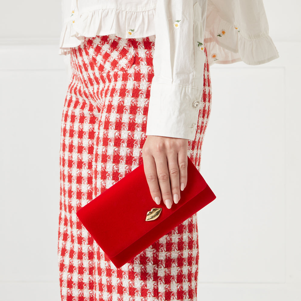 LULU RED SOLID LIP VELVET YUKI CLUTCH BAG