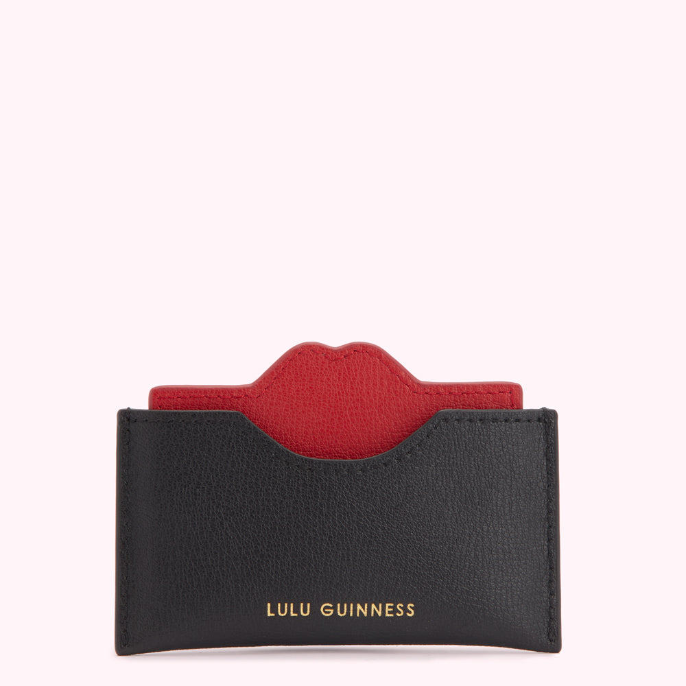 Black and red leather Lulu Guinness cardholder with red lips detail.
