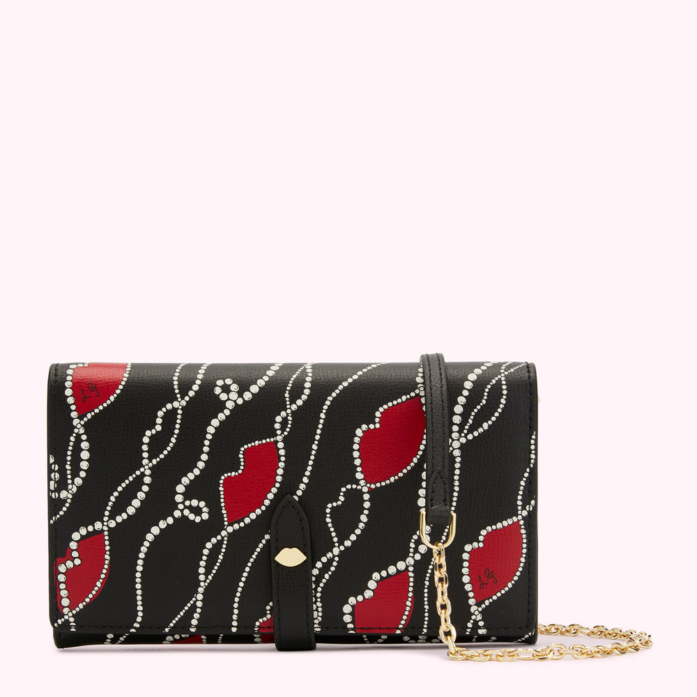 BLACK MULTI PEARLY LIP PRINT JUNIPER CHAIN WALLET