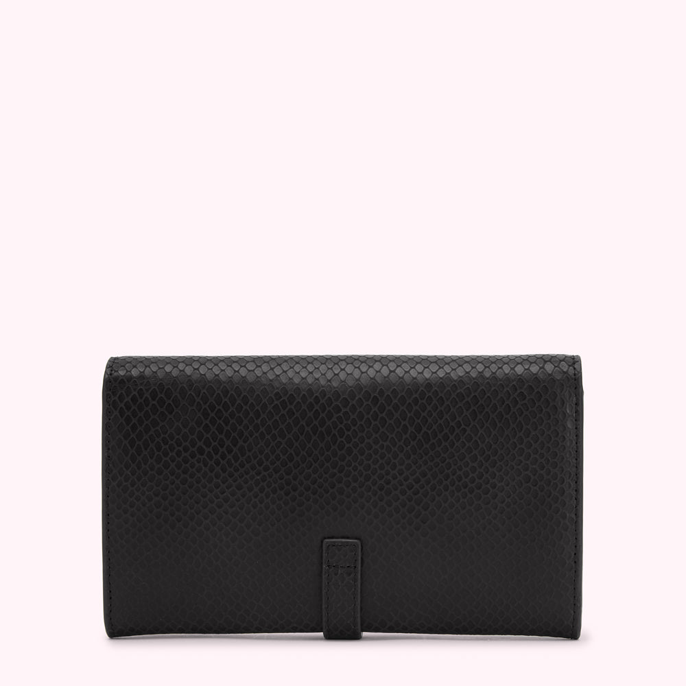 Black snakeskin-textured leather wallet on a white background.
