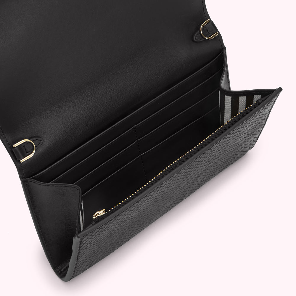 Open black snakeskin-textured chain wallet with multiple card slots and a zippered compartment.
