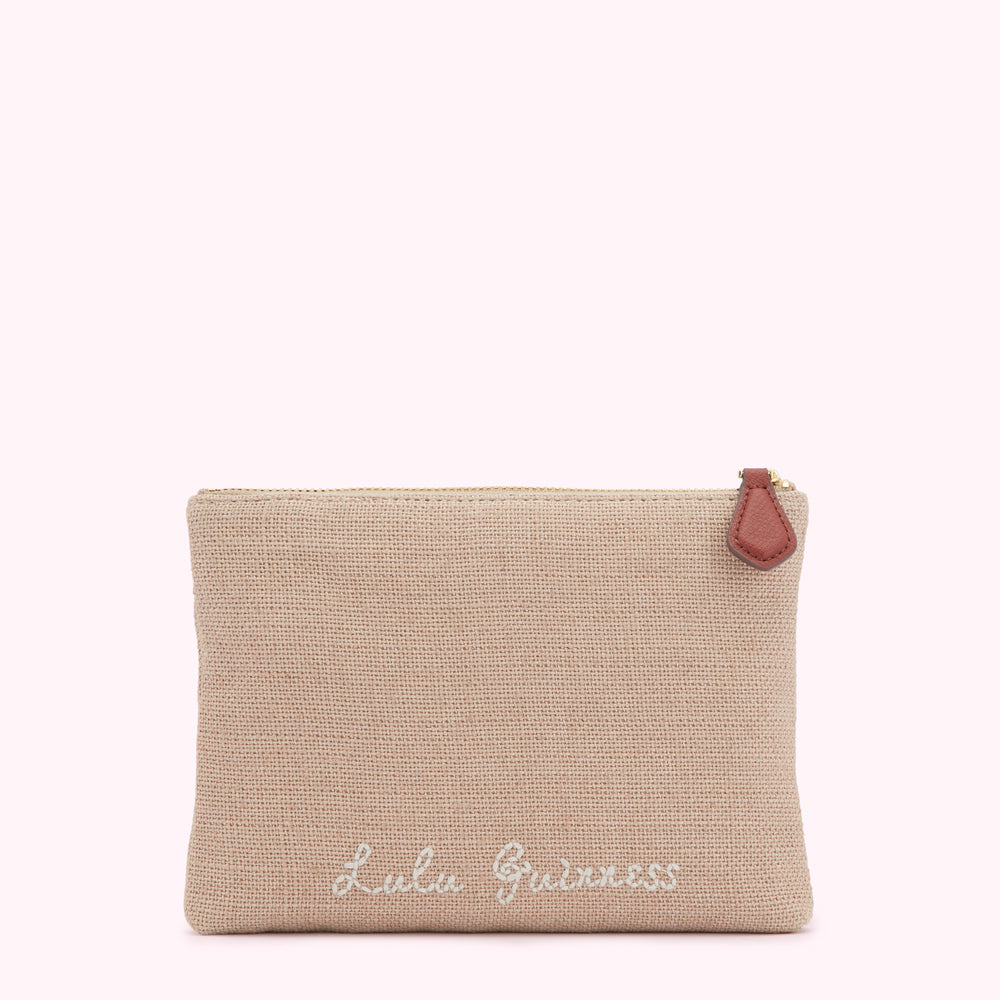Beige zipper pouch with "Lulu Guinness" embroidered on it.