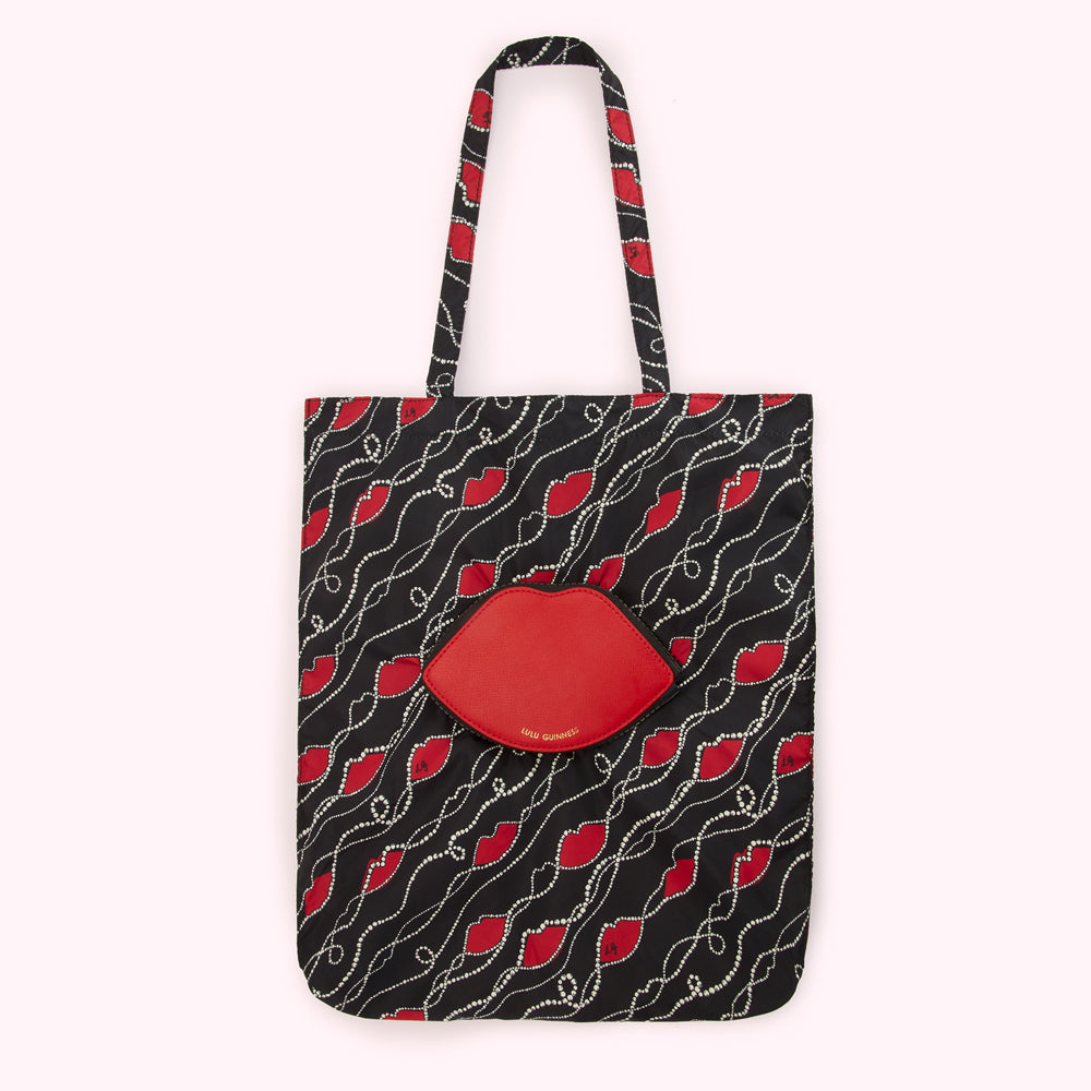 BLACK AND RED PEARLY LIP PRINT FOLDAWAY SHOPPER