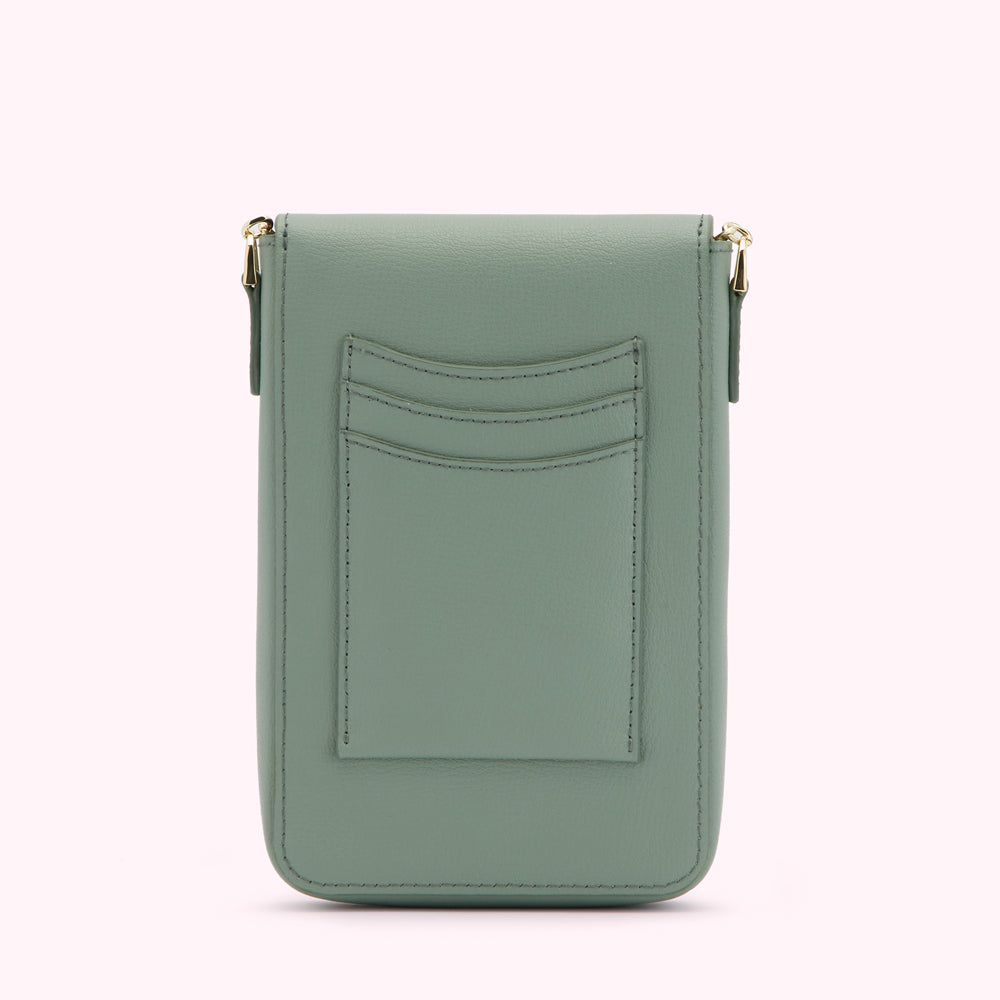 Sage green leather crossbody phone bag with gold hardware and an additional pocket on the back.
