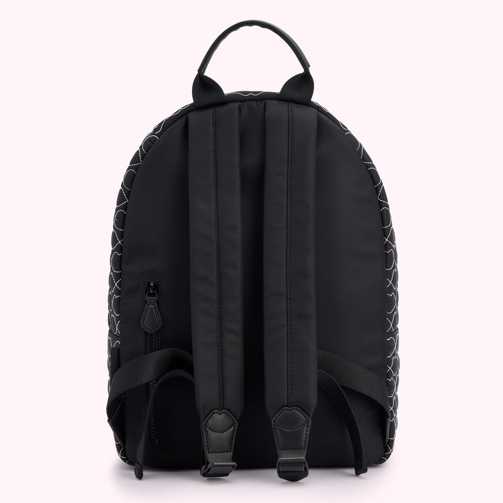 Black quilted backpack with white stitching detail, shown from the back.
