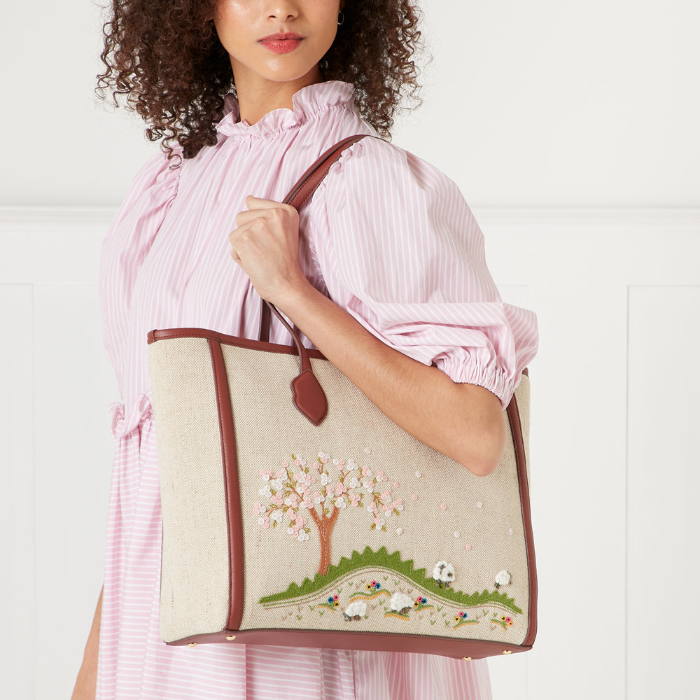 NATURAL LARGE THINK OF SPRING SIENNA TOTE BAG