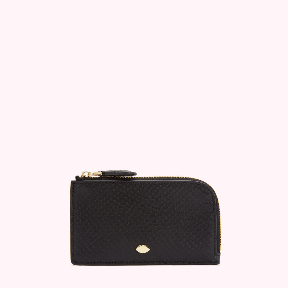 Black leather zip-around purse with gold zipper and logo.
