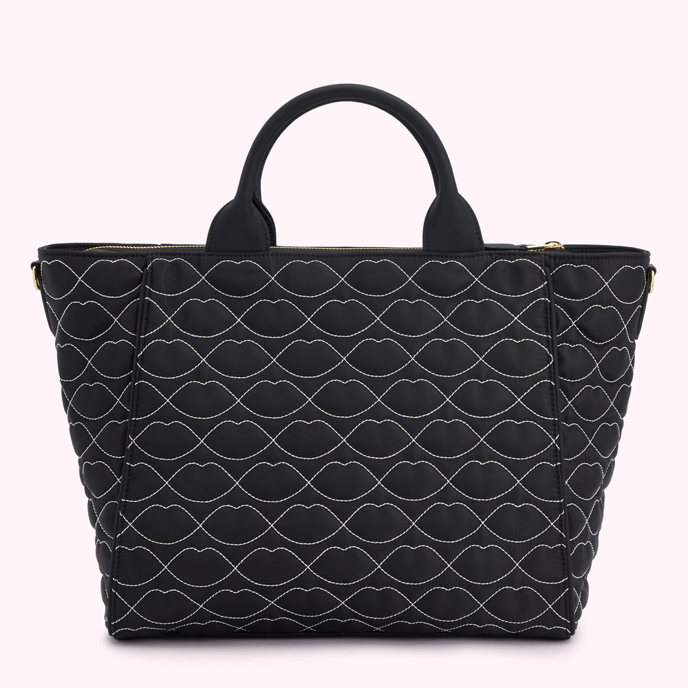 BLACK QUILTED LIPS CARLY TOTE BAG