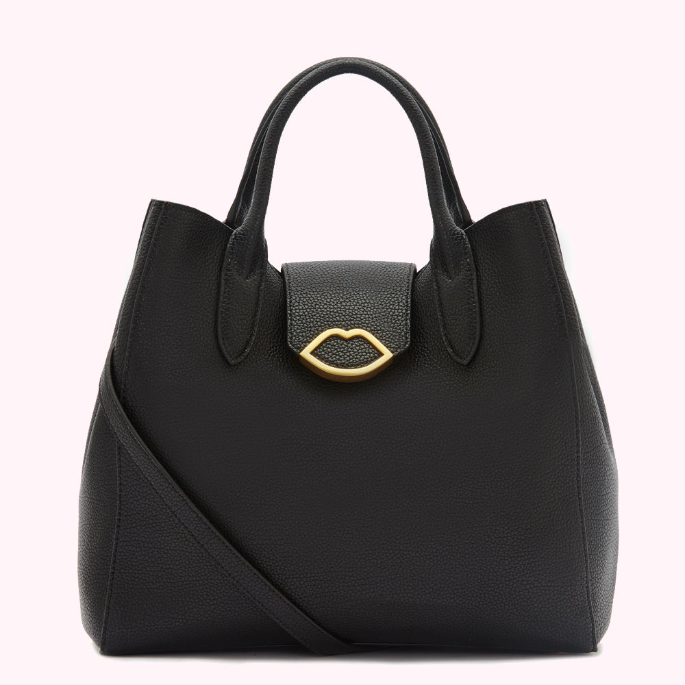 Black leather handbag with gold lip-shaped clasp.
