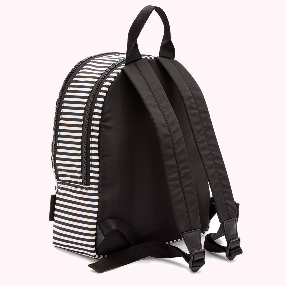 Black and white striped backpack on white background.
