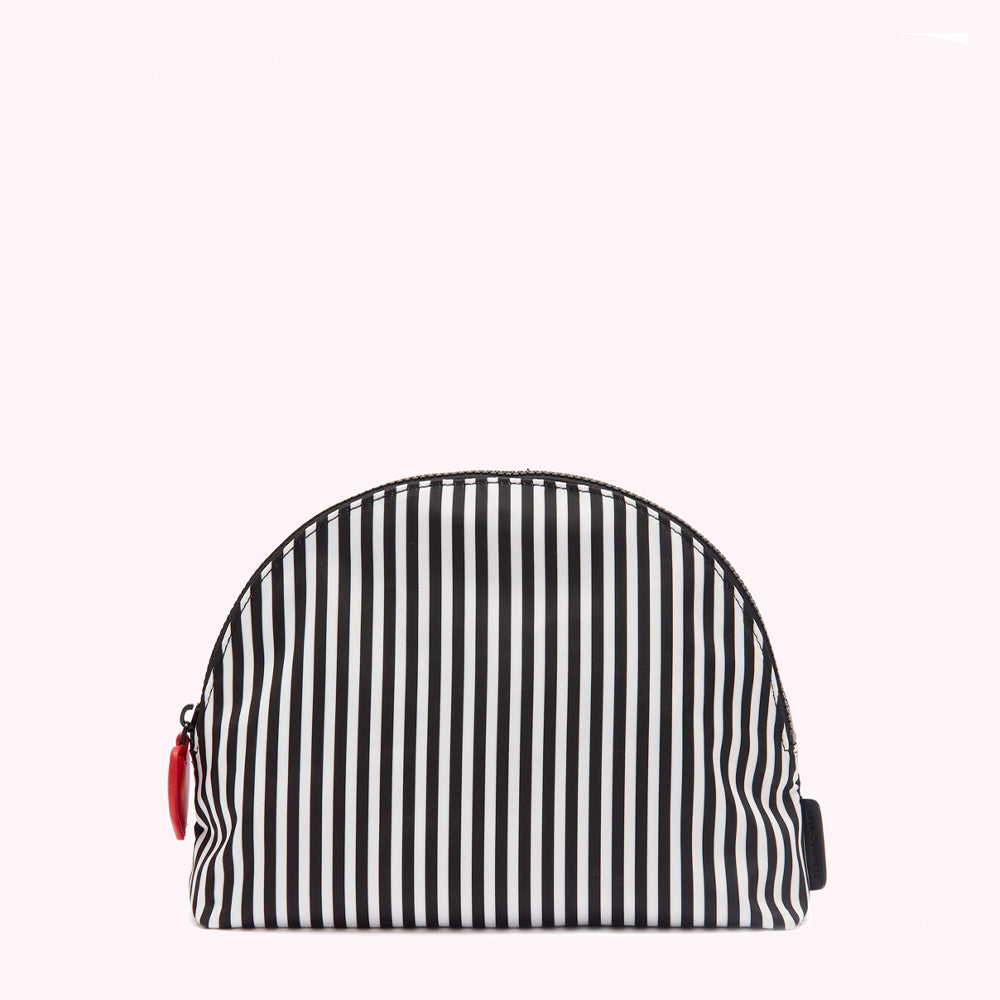 Black and white striped cosmetic bag with a red zipper pull.
