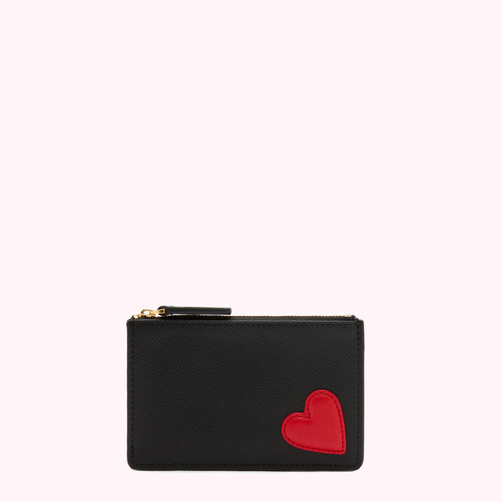 Black leather zip pouch with a red heart detail on a white background.