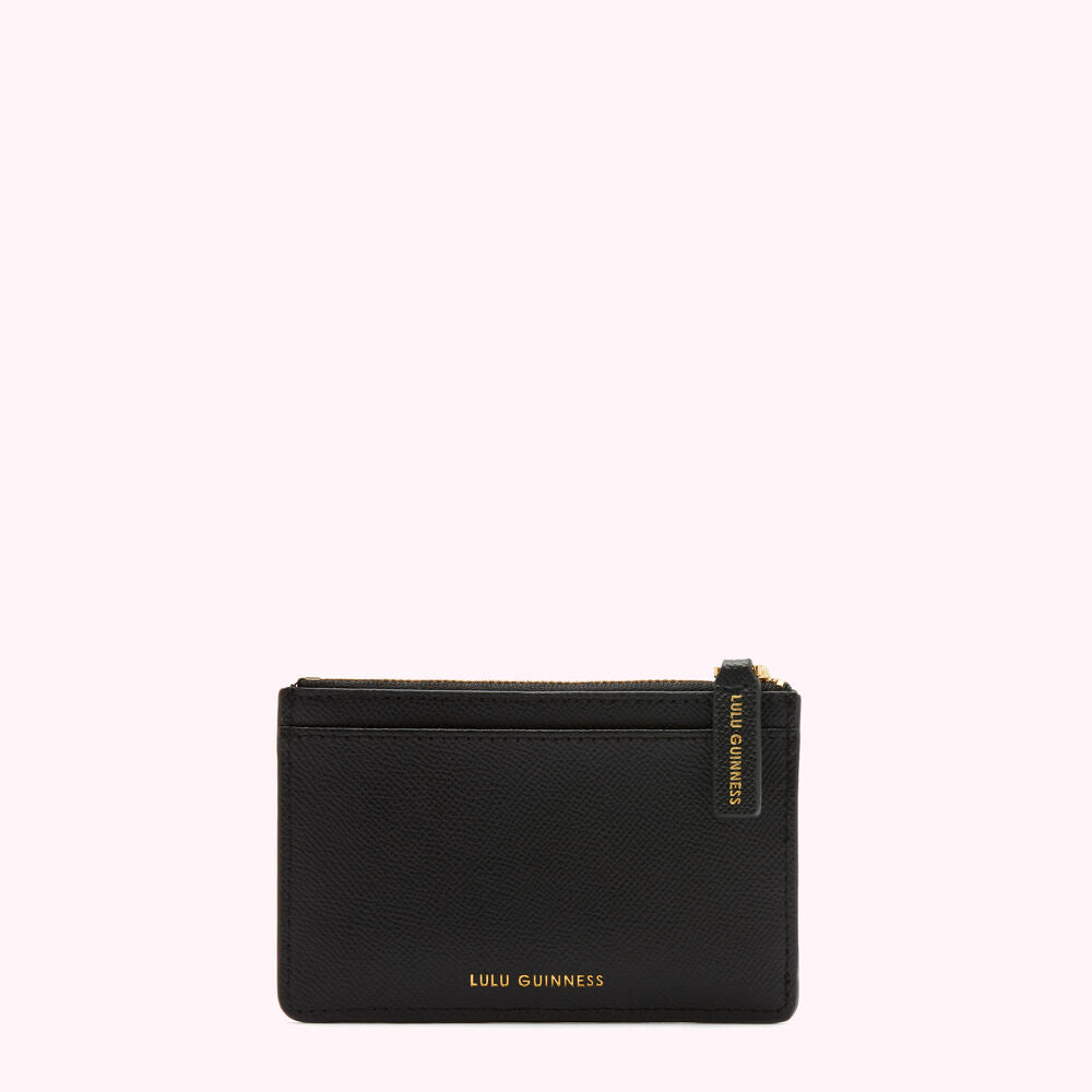 Black Lulu Guinness zip-around cardholder against a white background.
