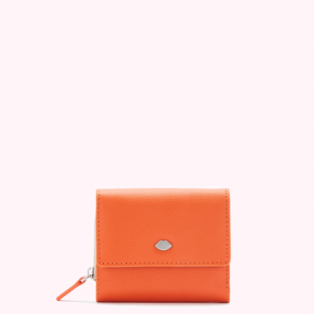 Orange leather wallet with silver lip logo.
