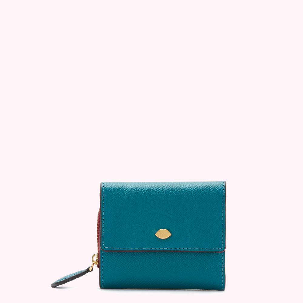 Teal leather wallet with gold lip emblem on white background.