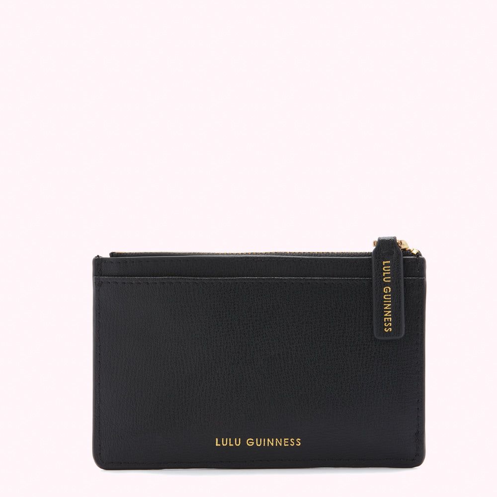 Black Lulu Guinness cardholder with gold zipper and logo.
