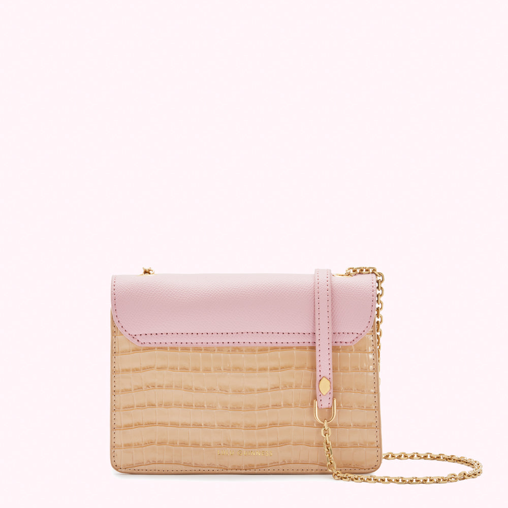 ALMOND AND BLOSSOM CROC LEATHER POLLY CROSSBODY BAG