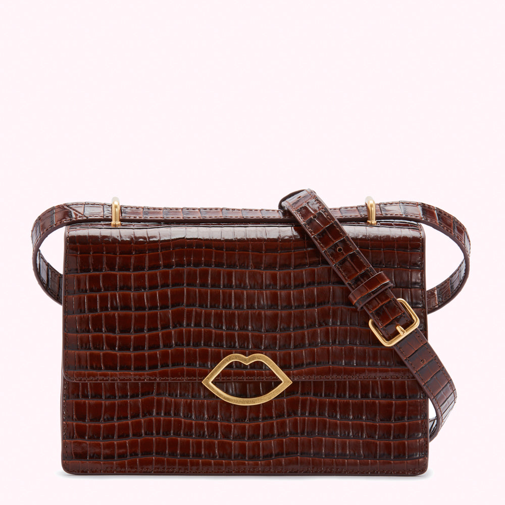 CHOCOLATE CROC LEATHER POPPY CROSSBODY BAG