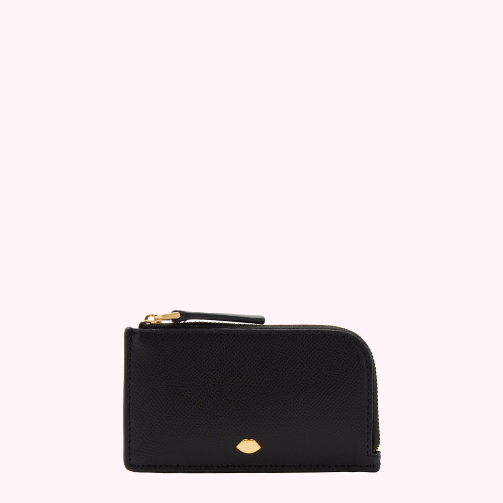 Black leather zip-around cardholder with gold lip detail on a white background.
