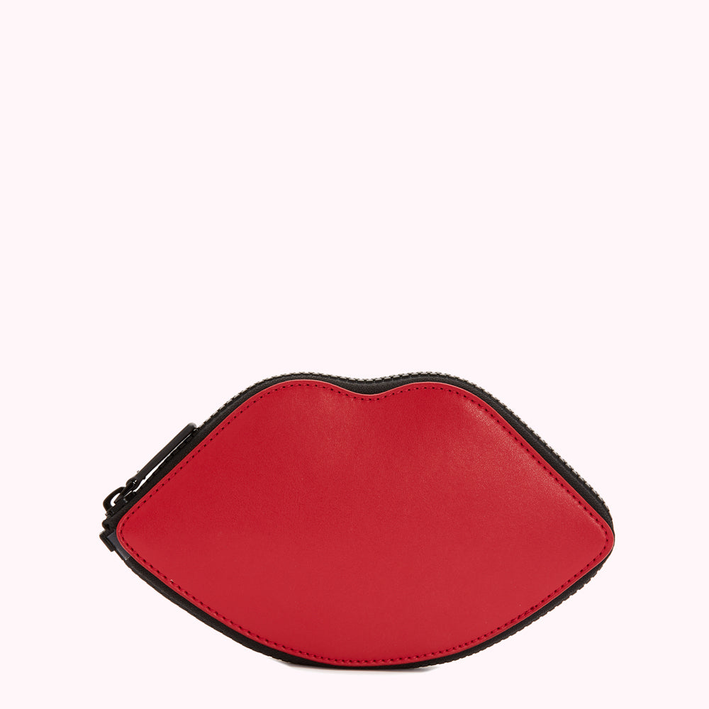 Red leather lip-shaped coin purse with black zipper.
